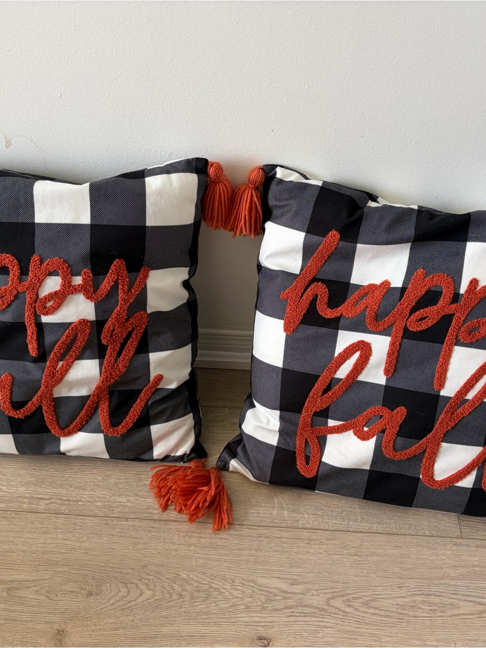 Black Buffalo Check Pillow with Orange 'Happy Fall' Script